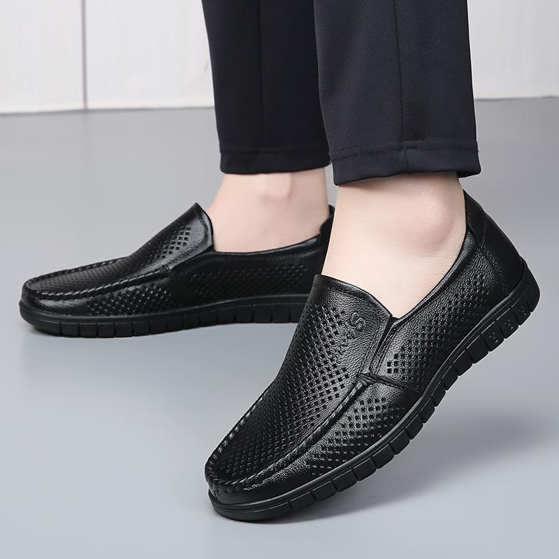 Summer hollow breathable cool leather shoes men's leather soft-soled hole shoes middle old dad shoes