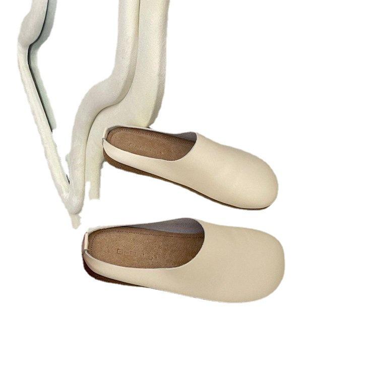Chinese Fashion Bag Head Half Slippers Women Wear Flat Spring and Summer Soft Leather Round Head One Pedal Muller Shoes