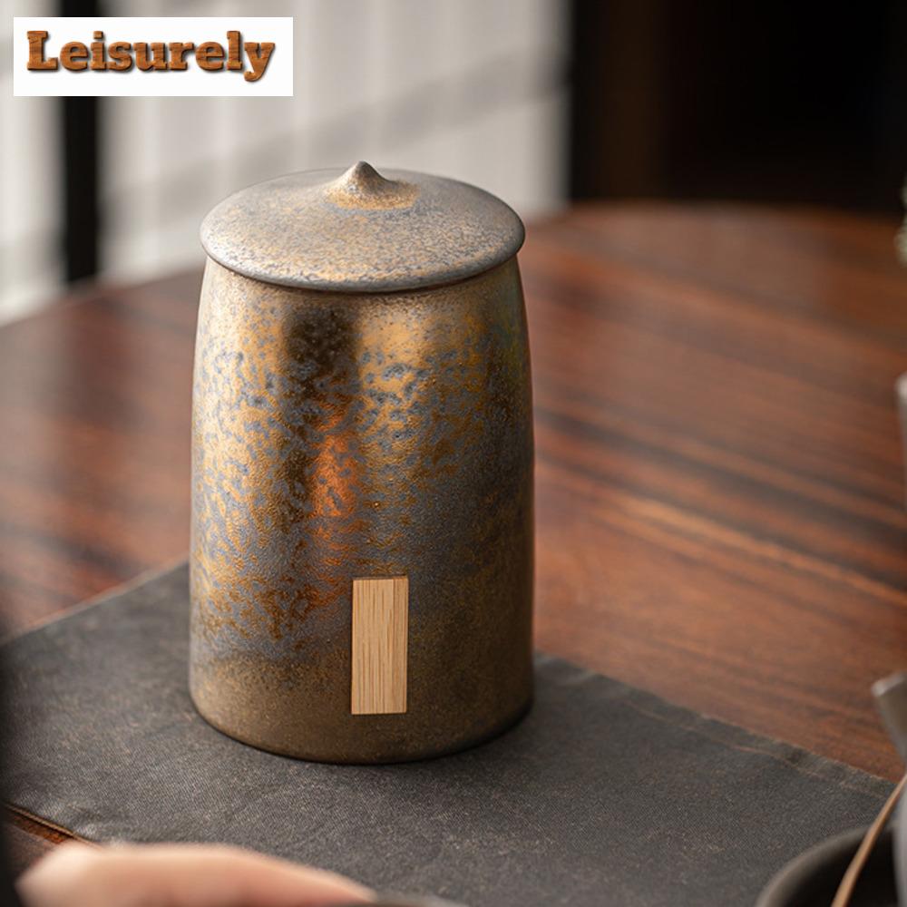 Retro Gilded Iron Glazed  Tea Box Organizer Bamboo Hat Moisture-proof Storage Tank Containers Tea Caddy Chinese Tea Set Craft
