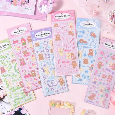 12 Sheets Cute Bear Stickers Set Cartoon Bling Ribbon Flower Note Sticker for Gift Diary Album Decoration