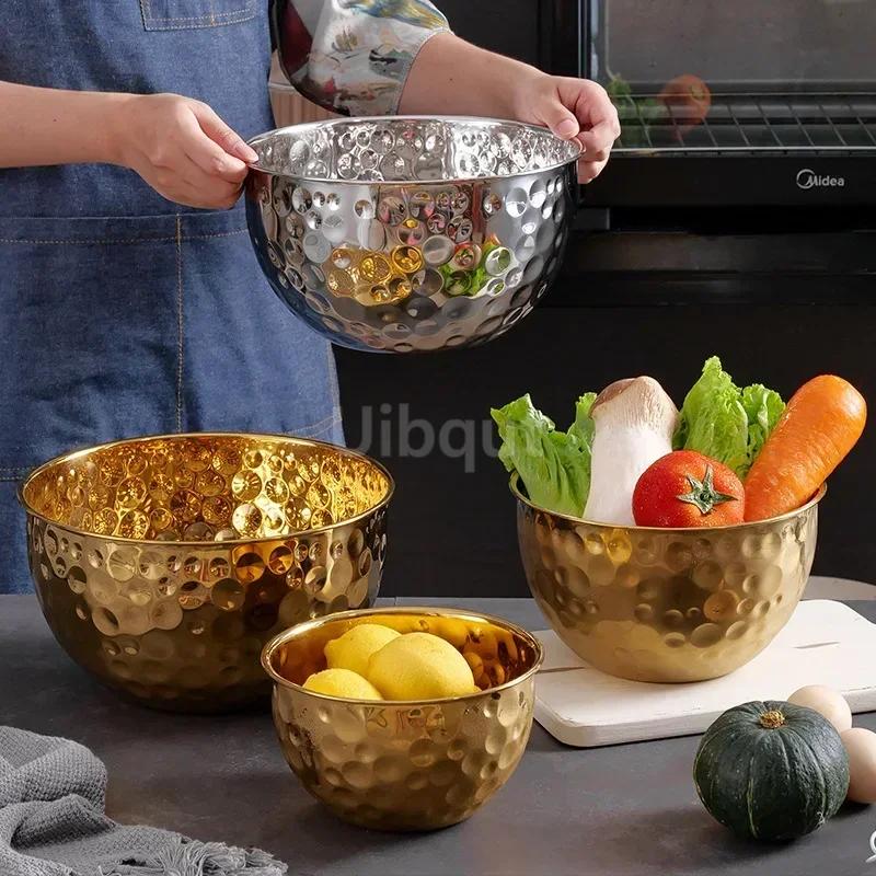 Gold /Silver Stainless Steel Hammer Point Fruit Bowl Salad Plate Egg Pot round Baking Mixing Cooking Bowl CreativeDecoration