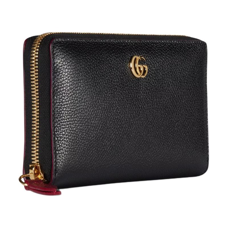 Gucci GG Marmont Double G metal accessories leather wallet women's black with red