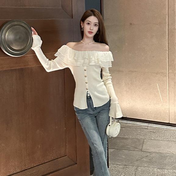 Double ruffle edge flared sleeve knitted sweater women's one-word shoulder backless tight elastic split-ended sweater