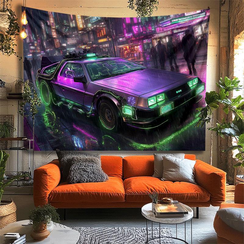 Wall Mounted Car Tapestries Banner Neon Rainy Night Cool Future Car Tapestries for Living Room Bedroom Dormitory Decoration