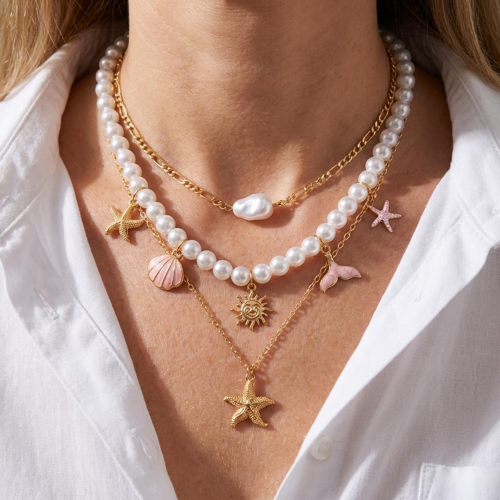 Elegant Faux Pearl Beaded Chain Necklace for Women Summer Ocean Style Seashell Starfish Fish Pendant Choker Vacation Jewelry