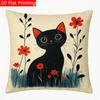 2D Flat - 1pc 2D Flat Throw Pillow Cover with Cute Black Cat Red Flowers Design Print Premium Polyest