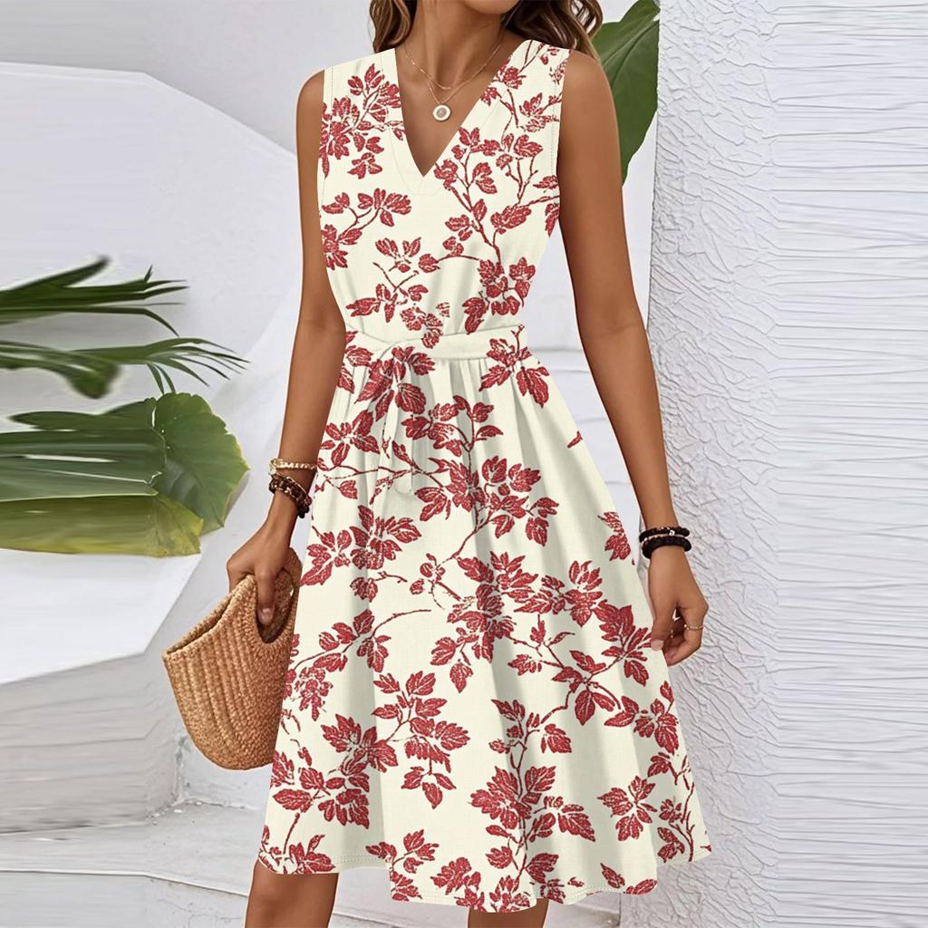 Women's Spring Summer Casual V Neck Sleeveless Waist Floral Print Midi Dress