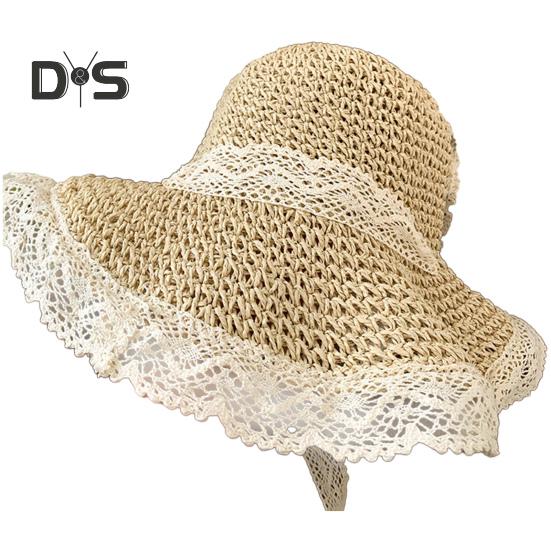 Stroh-Sonnenhut für Damen, faltbar, atmungsaktiv, größenverstellbar, Spitzenbesatz, Strandhut, Outdoor-Aktivitäten, Sport, Alltagskleidung