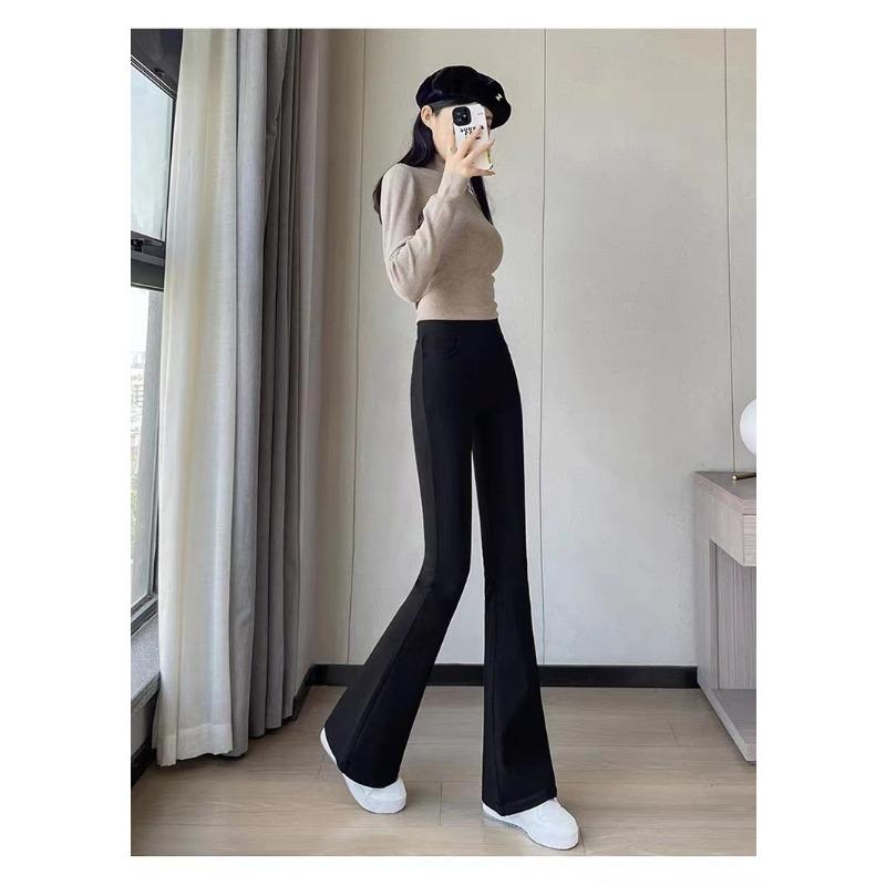 Women Solid High Waist Thick Fleece Flared Casual Long Pants