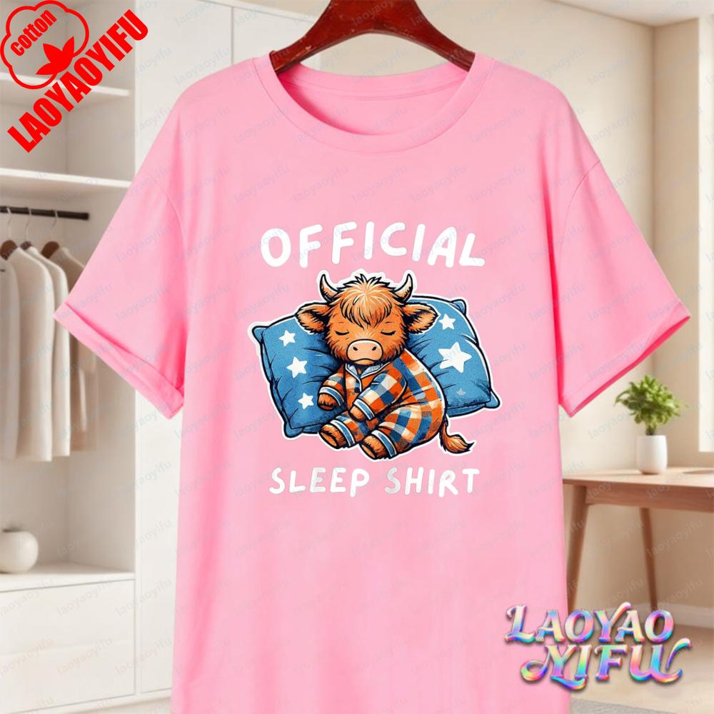 Casual Highland Cow Pajama Cotton TShirt Soft 100 Cotton Sleepwear Graphic Tee Summer Clothes for Women Unisex Loungewear Apparel