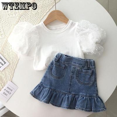 Mädchen Jeansrock Anzug Sommer Mädchen Kurzer Rock Rüschen Wickel Hüftrock Mesh T-Shirt + Fischschwanzrock Zweiteiliges Set Mode