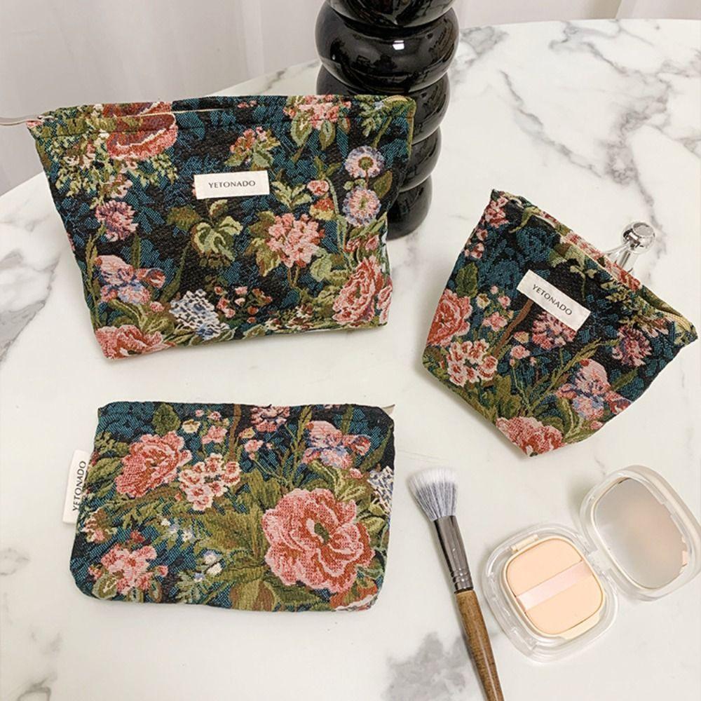 Polyester Canvas Flower Clutch Bag Flower Pattern Large Capacity Makeup Bag Zipper Closure Portable Cosmetic Organizer Women Use
