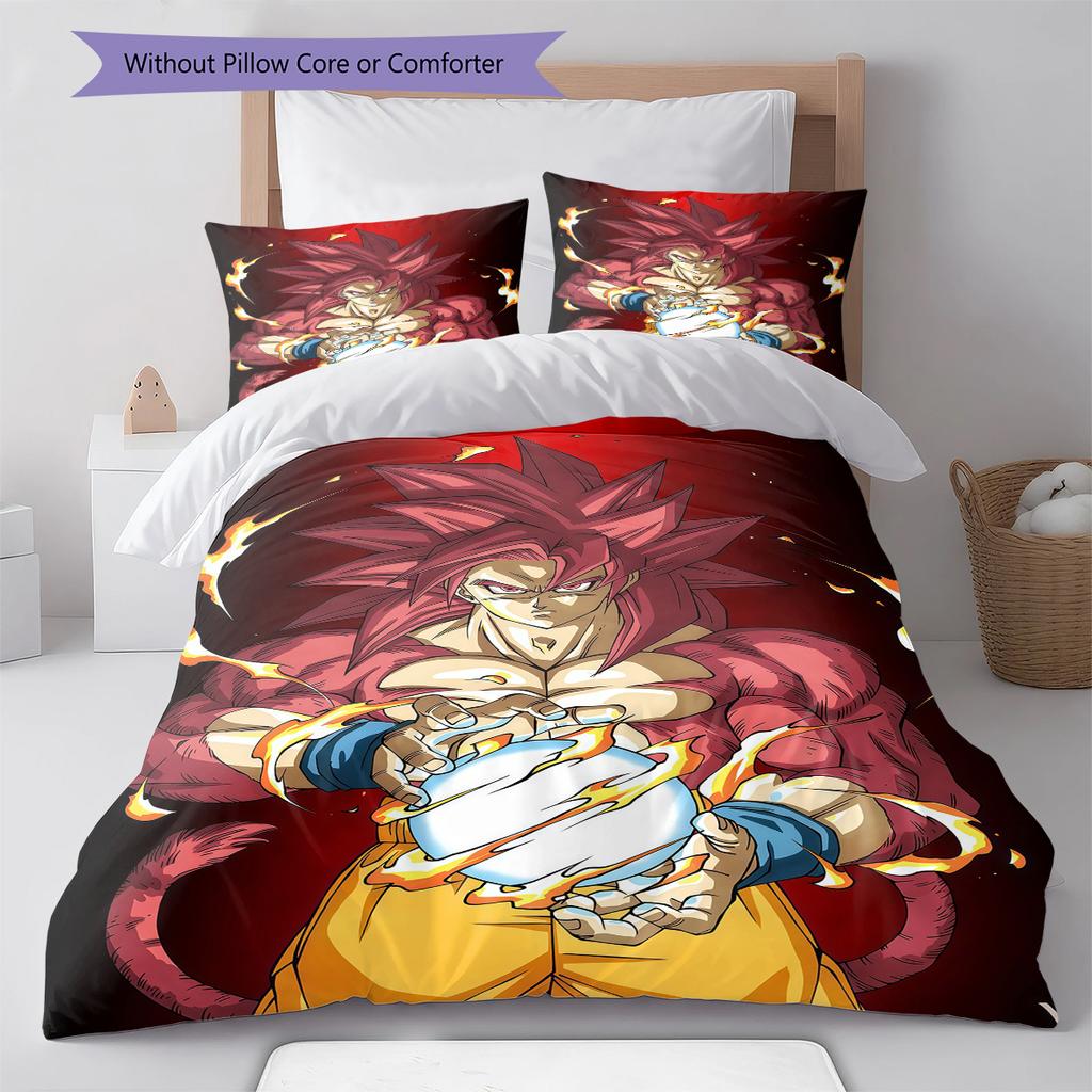 Son Goku Pattern Bedding,Quilt Set Quilt Cover Pillowcase Home Birthday Gift (1 * Duvet Cover + 2 * Pillowcase, Without Core)