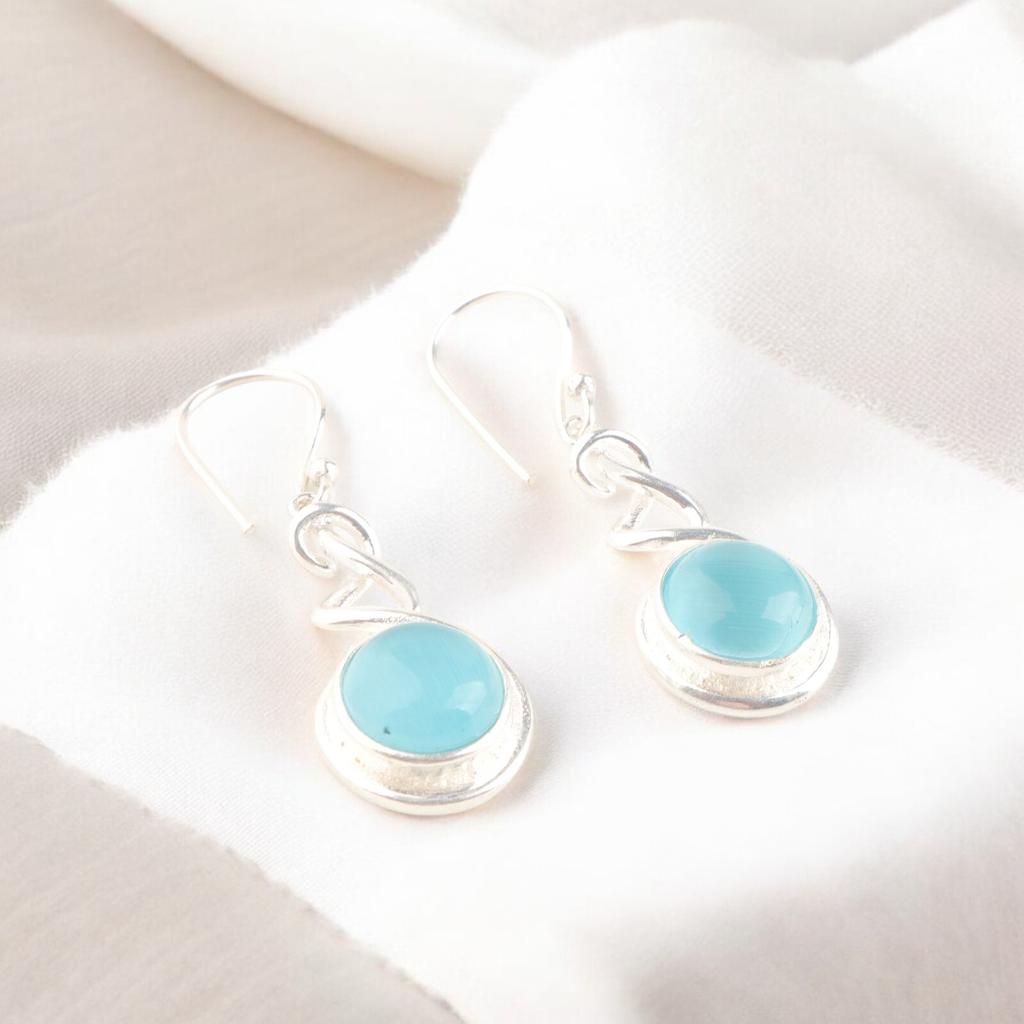 Attractive Blue Cat's Eye Gemstone 925 Sterling Silver Earrings For Women's1.67" CE-14-34