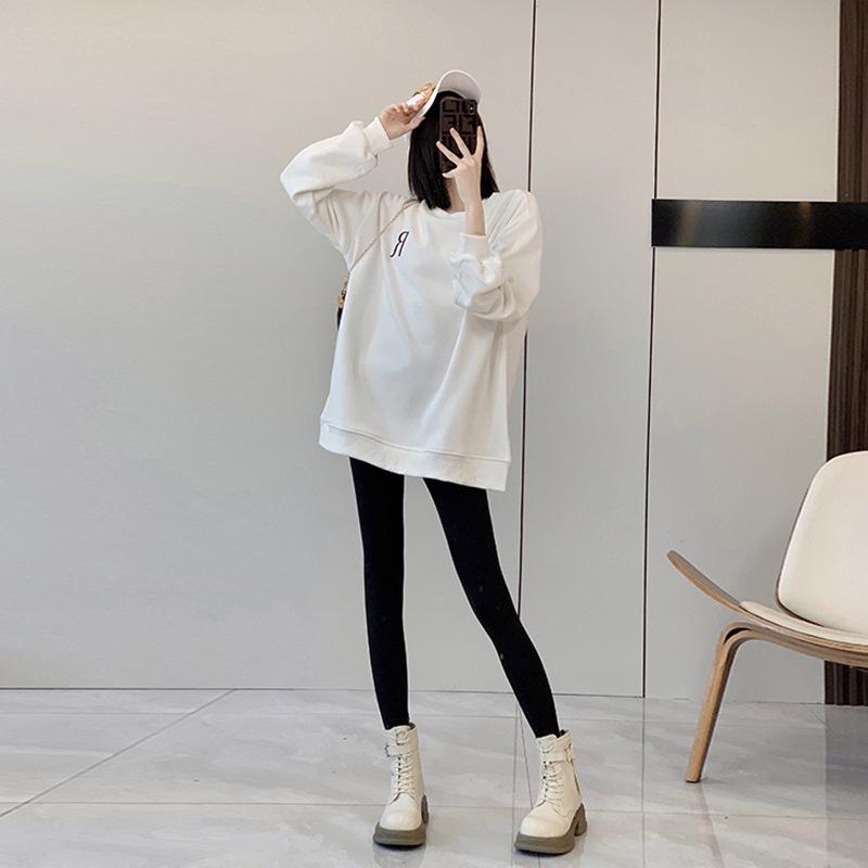 Women's Black Oversized Long Sleeve T-Shirt Sweatshirt - Korean Style, Mid-Length, Hip-Covering for Spring and Autumn