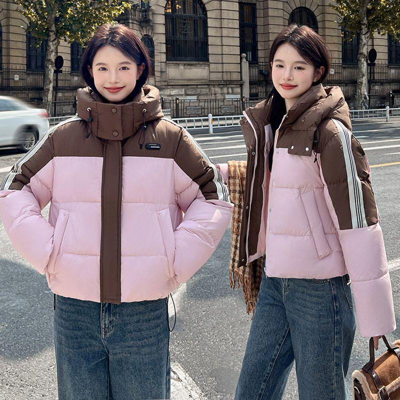 Fashion Color Block Short Cotton Coat Women Hooded Loose Winter Korean Jacket Thick Outwear