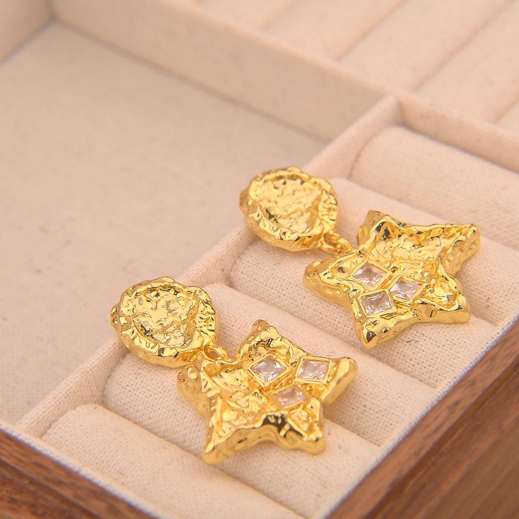 French Luxury Zircon Star Drop Earrings: Niche Design, Irregular Texture, Five-Pointed Star Studs
