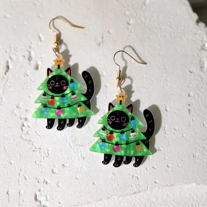 

Christmas Tree Black Cat Earrings 2D Flat Acrylic Creative Funny Cartoon Animals Cute Cat Earrings Christmas Personality Gift
