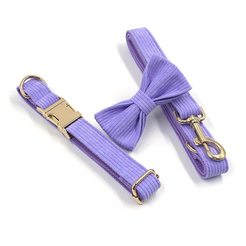 Corduroy Pet Collar & Leash Set with Bow Tie