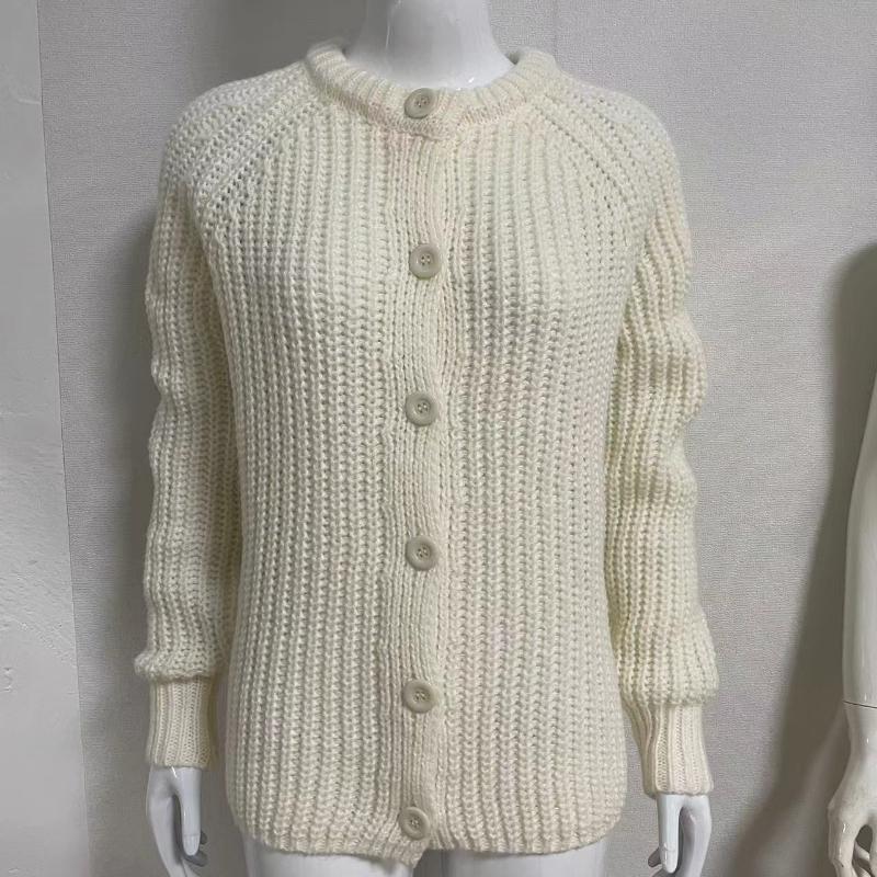 Women's Solid Color Round Neck Loose Simple Knitted Cardigan Top Long-Sleeved Sweater