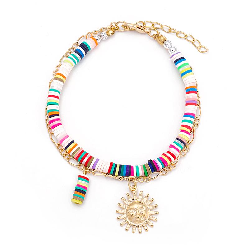 Beach Bohemian Multi-Layer Bracelet: Colorful Polymer Clay with Coin, Sun, and Eye Charms