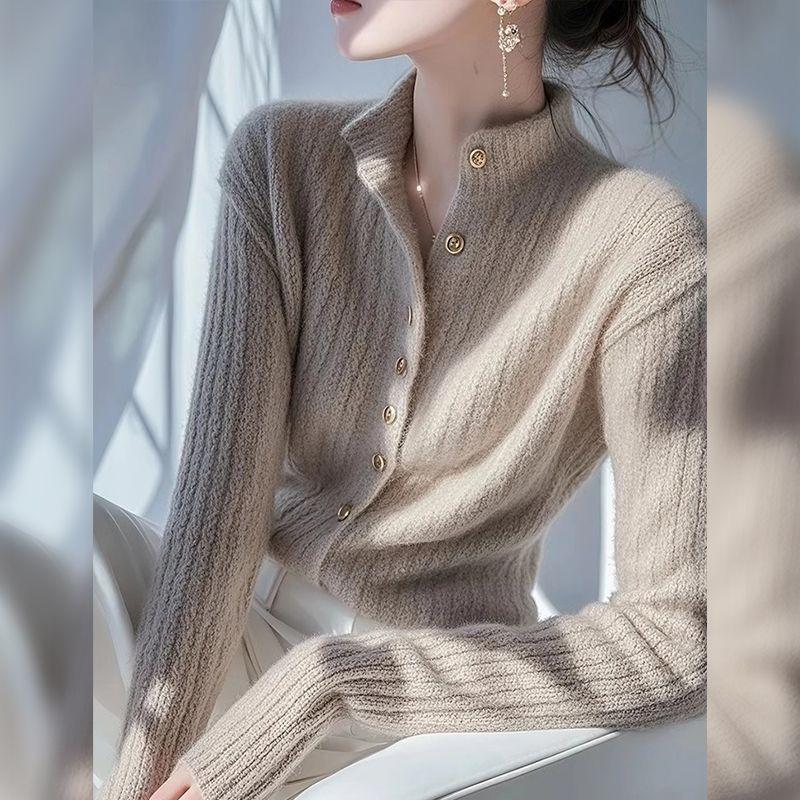 

Oatmeal Semi-High Neck Knitted Cardigan - Women s Autumn/Winter Fashion XL (approx. 57.5-65 kg)