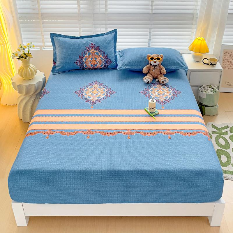 Washed Cotton Fitted Sheet with Elastic Bands Non Slip Adjustable Mattress Cover Printed  Pure Cotton  for Double King Queen