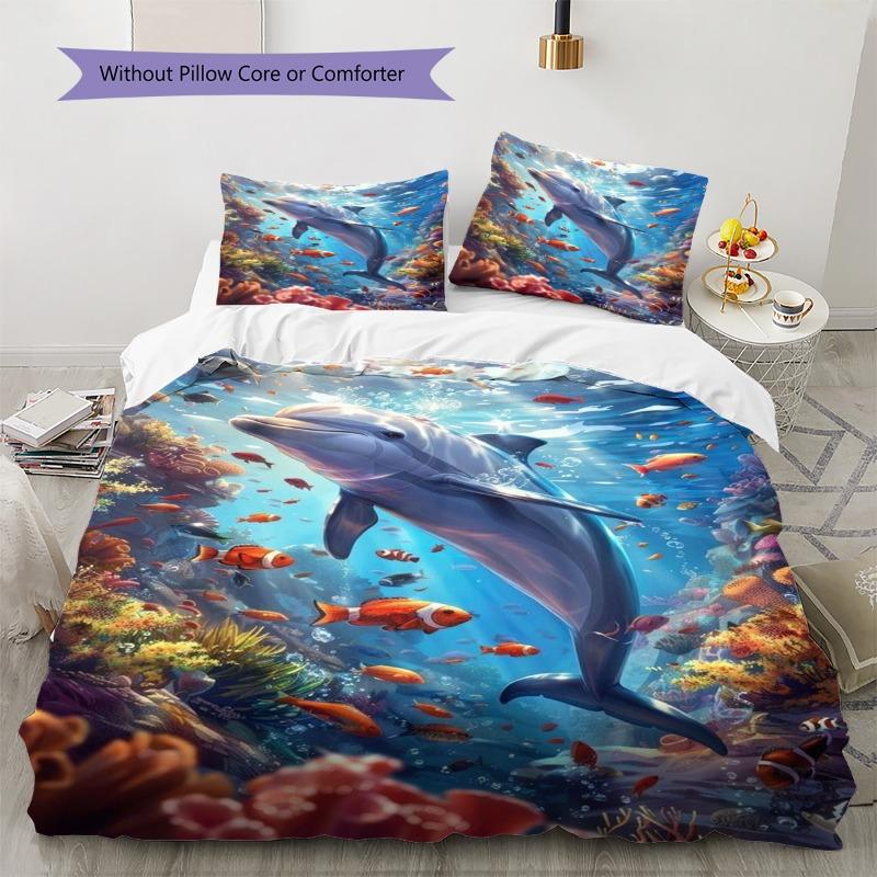 Ocean Dolphin Coral Tropical Fish Underwater Print Duvet Cover Set 3Pcs Marine Animal Bedding Bedroom Home Decor Without Pillow Core Comforter