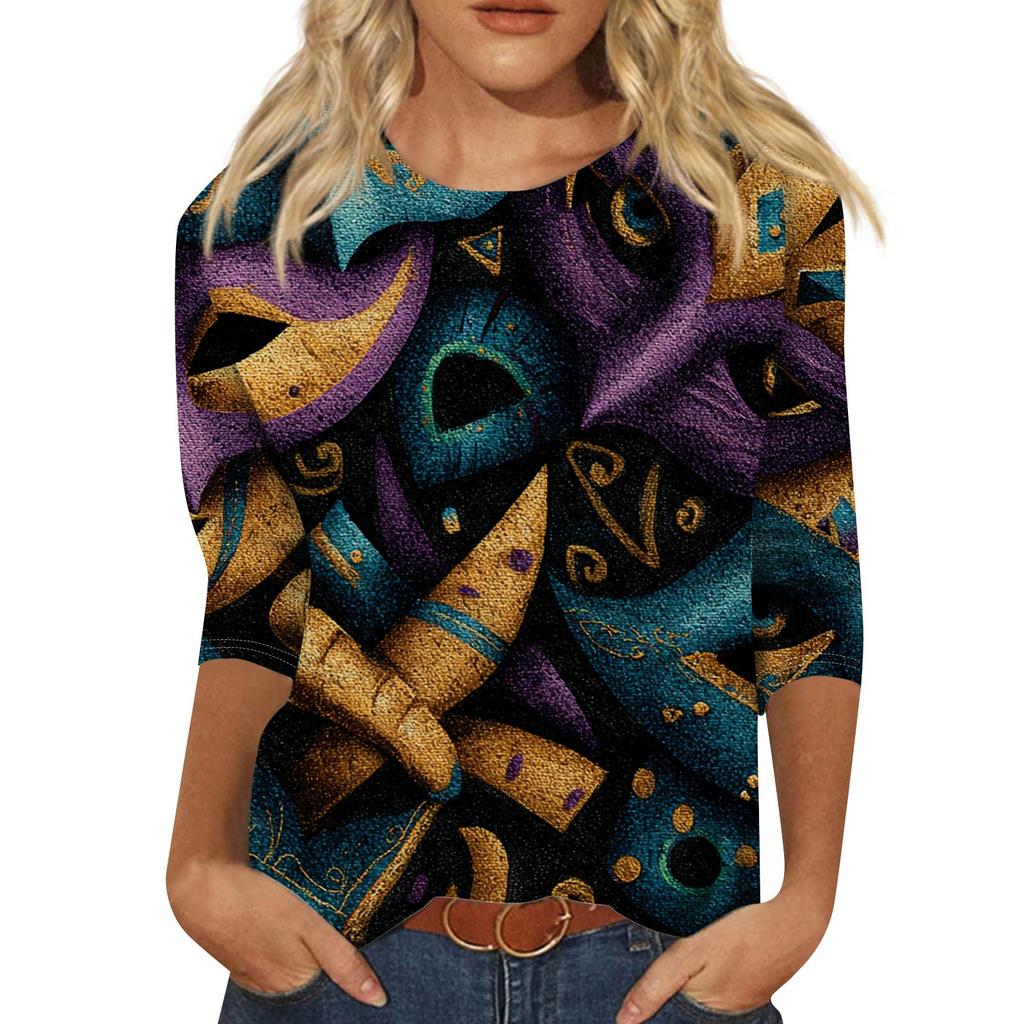 Dámský módní ležérní top s tříčtvrtečním rukávem a karnevalovým potiskem u krku