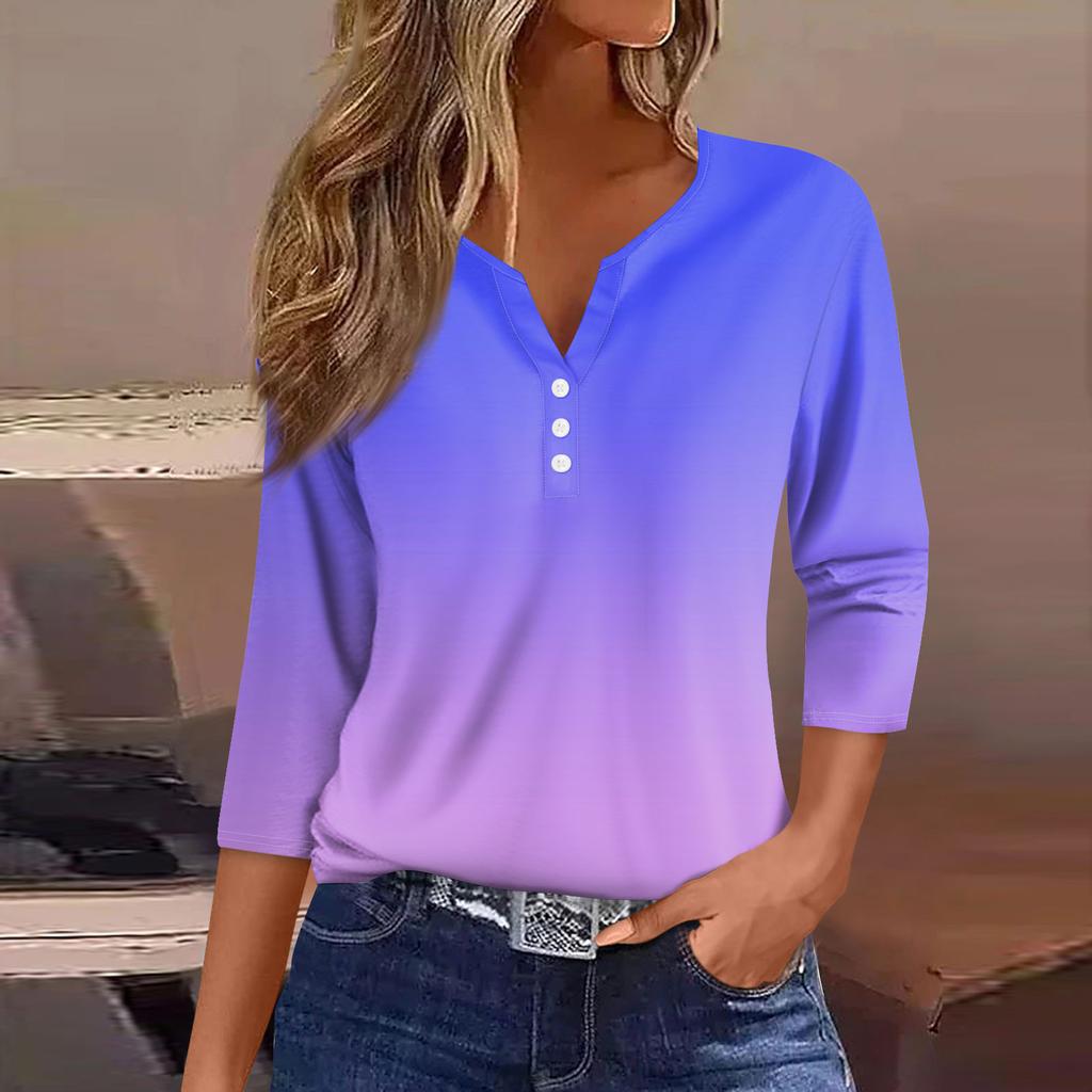 Women's Fashion Casual Printed V-Neck Seven Sleeve Button Down T-Shirt Top