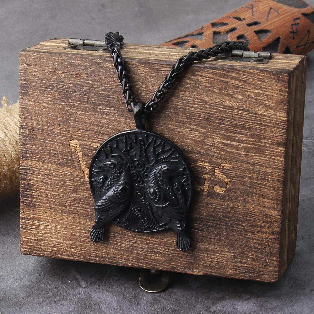Black Norse Odin Huginn And Muninn Raven Pendant Necklace Stainless Steel Viking Amulet Jewelry