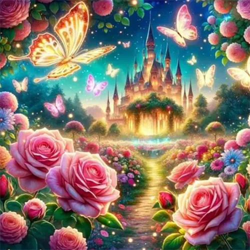 Diamond Painting Kit Ros Fjäril Helt Fyrkantig Rund Broderi Mosaik Slott Landskap Heminredning