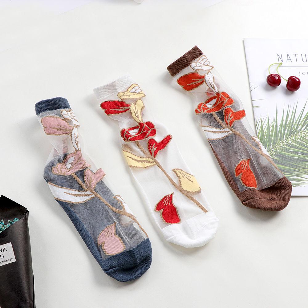 3 Pairs Women's Thin Summer Stockings Transparent Crystal Silk Long Tube Wear-resistant Cotton Sole Anti Slip Retro Ice Stockings