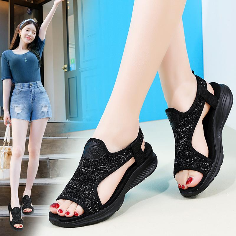 Women's Sandals Beach Shoes Summer Lace Mesh Sport Shoes for Girl Open Toe Casual Walking Black Sandals Large Size