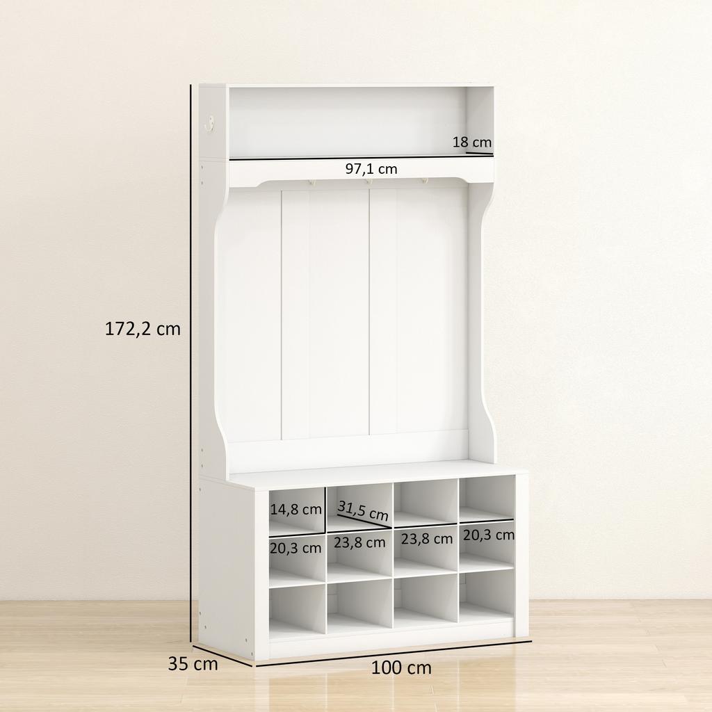 Hallway Coat Rack with Shelf, Bench, Hooks, Shoe Compartments, Particleboard, MDF, White