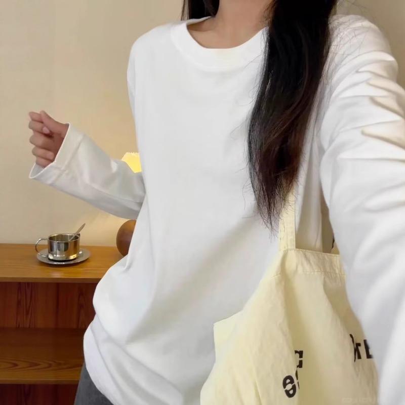 Spring Autumn Round Neck Solid Color Cotton T-shirt Women Long Sleeve All-match Bottomed Top Pullover Tee