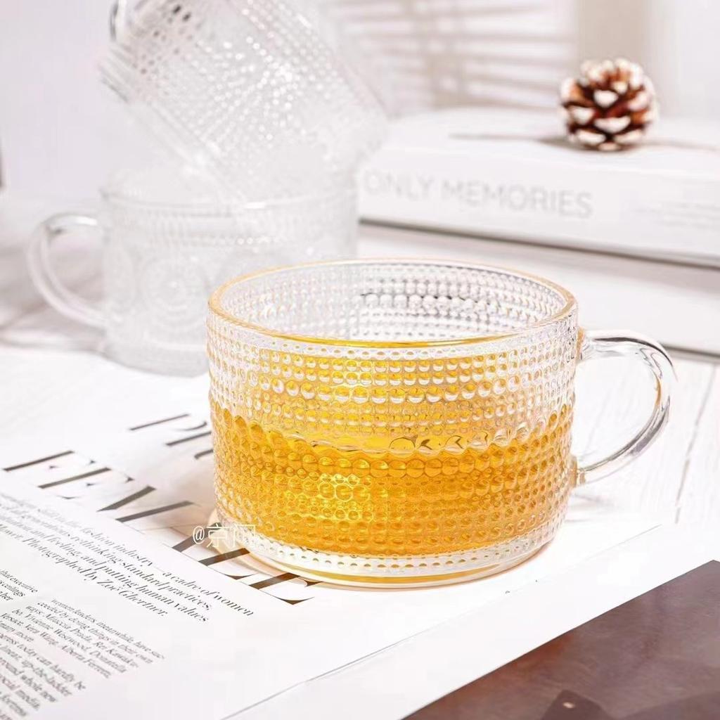 Glass Embossed Household Water Cup, Retro Sunflower Large-capacity Breakfast Milk Cup, Gold-painted Cup with Spoon, High-value Cup