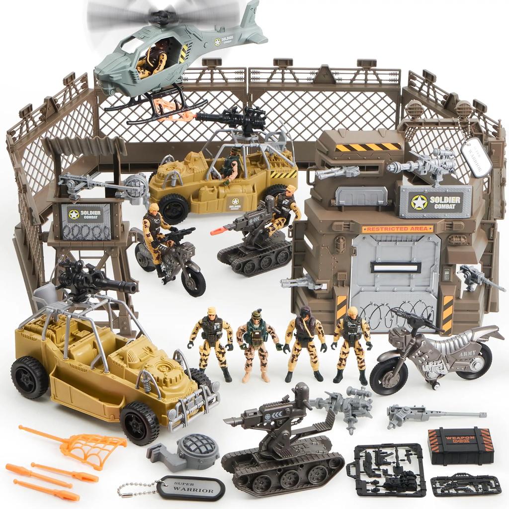 Joyfy Conjunto de Brinquedos de Base Militar Figuras de Ação de Soldados do Exército e Acessórios de Equipamento de Armas Brinquedos de Combate Militar para Crianças Presente de Aniversário