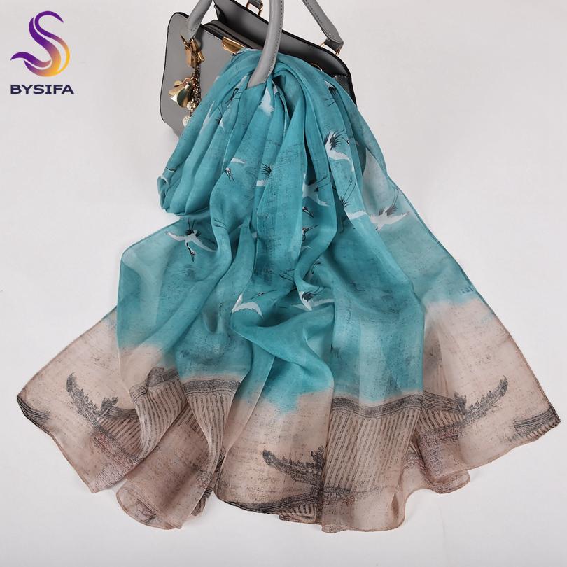 [BYSIFA] 100% Silk Chiffon Scarf Female Brand Leaves Design Grey Khaki Long Scarves Beach Shawls Fall Winter Women Neck Scarves
