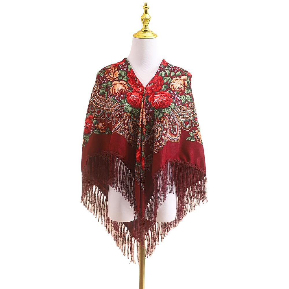 Floral Pattern Floral Print Scarf 110x110cm Ethnic Shawl Retro Classic Fringed Shawl темно-красного