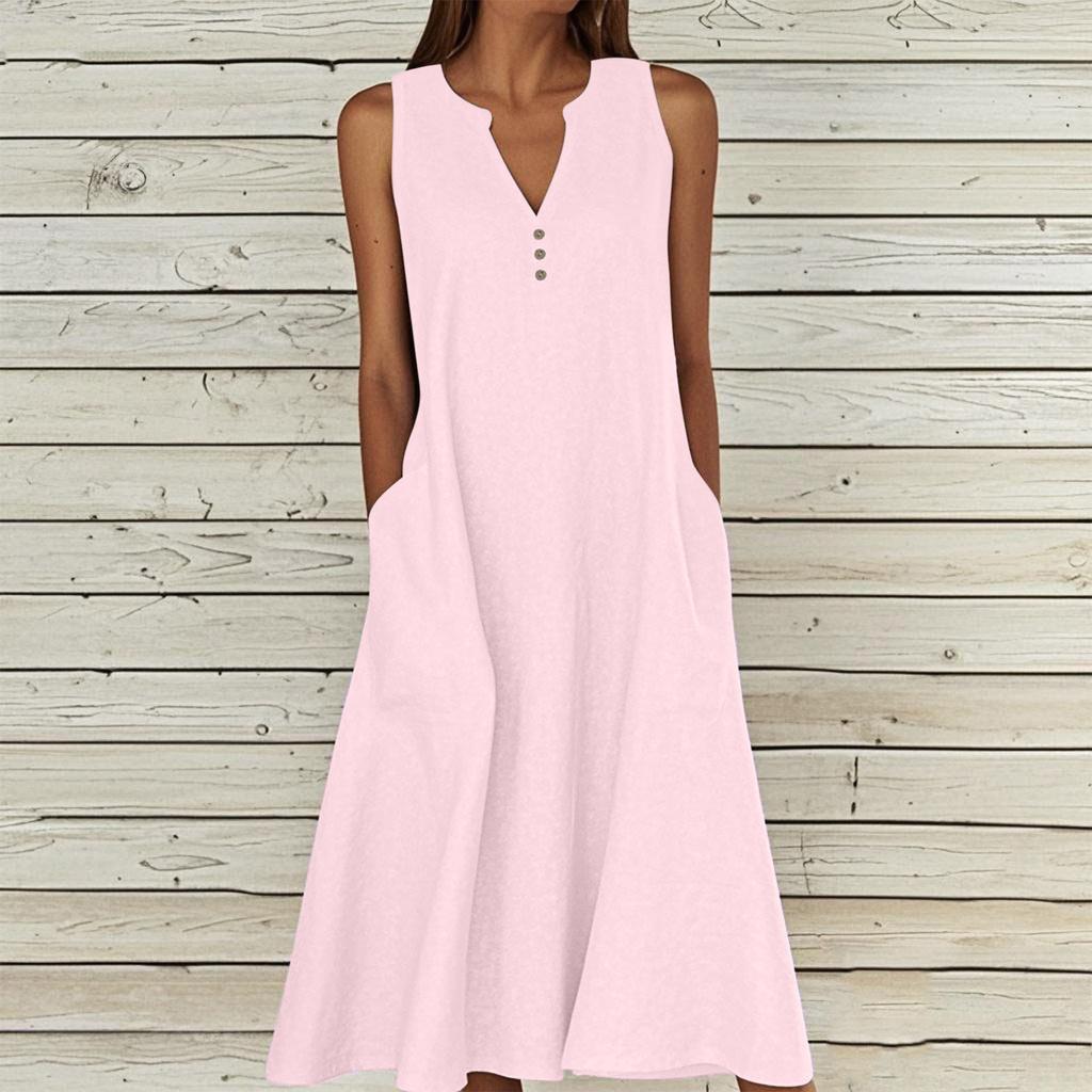 Women's Sleeveless V-Neck Button Front A-Line Dress with Side Pockets in Multiple Colors