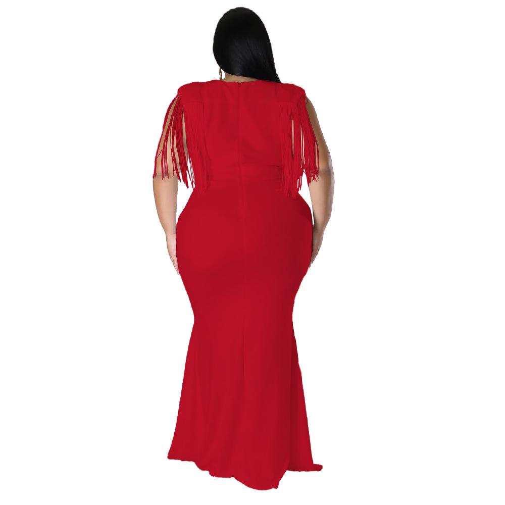 Plus Size Women's V-Neck Tassel Long Sleeve Slimming Dress