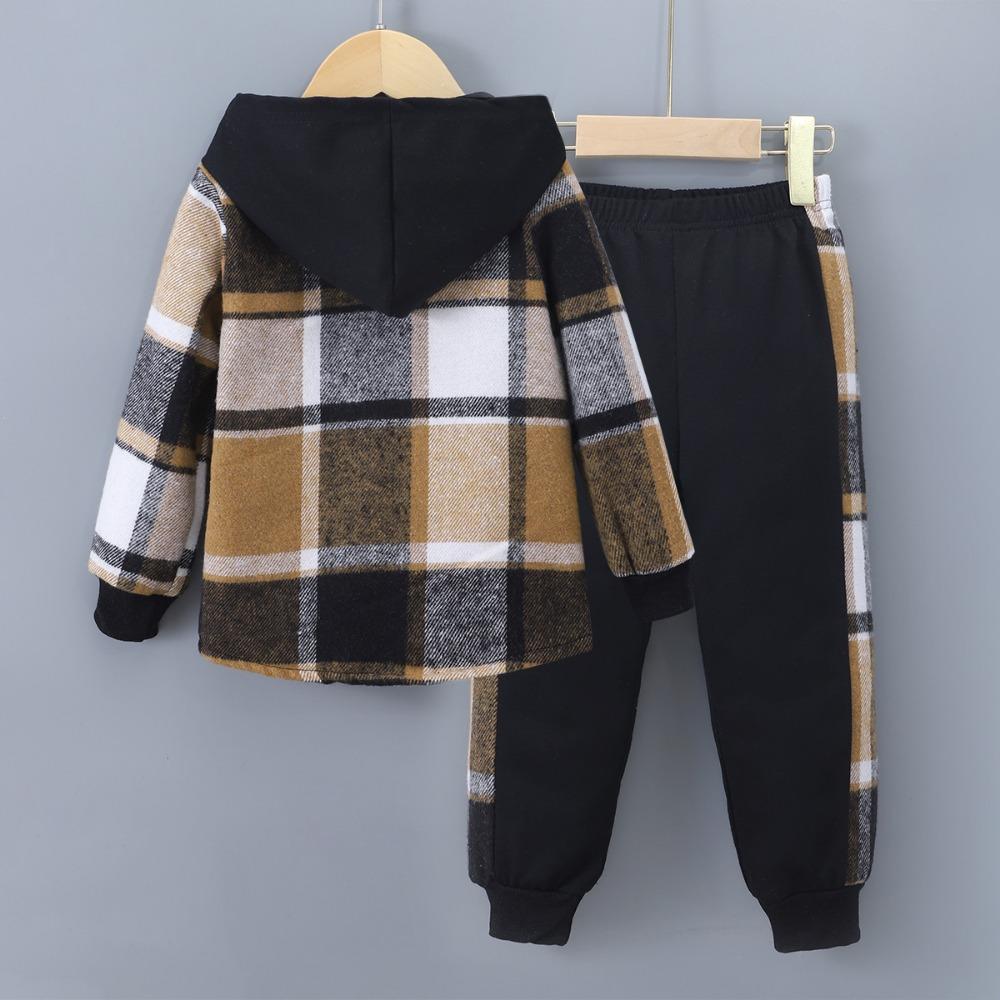 Kids Clothes Autumn/Winter Boys' Long-Sleeved Checkered Contrast-Colour Hooded Two-Piece Set (Top + Trousers)