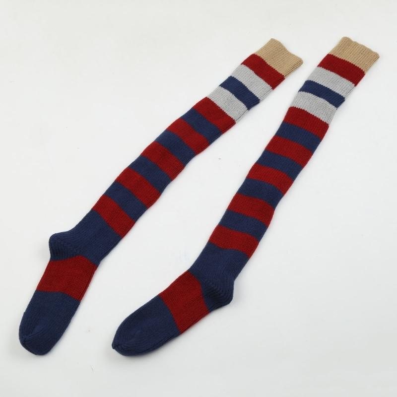 Women Vintage Colorful Striped Knitted Thigh High Tube Stockings Preppy Style Slouchy Over Knee Boot Socks Leg Warmers