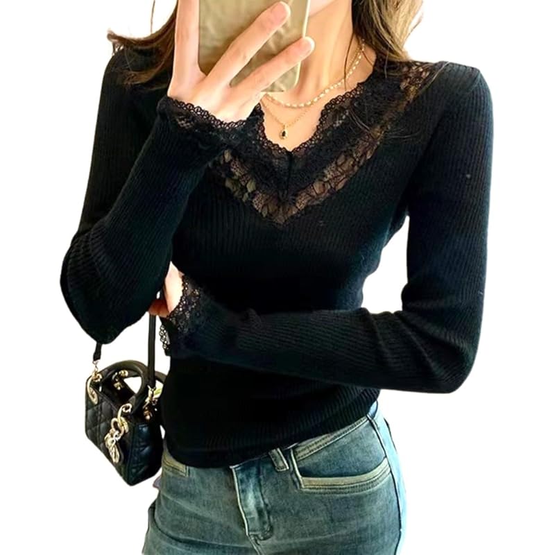 

[Belle Iza Bella] long sleeve inner rib knit ruffle neck lace sleeves slim Soft touch Heat retention ladies shirt blouse Elegant Nitto It s okay