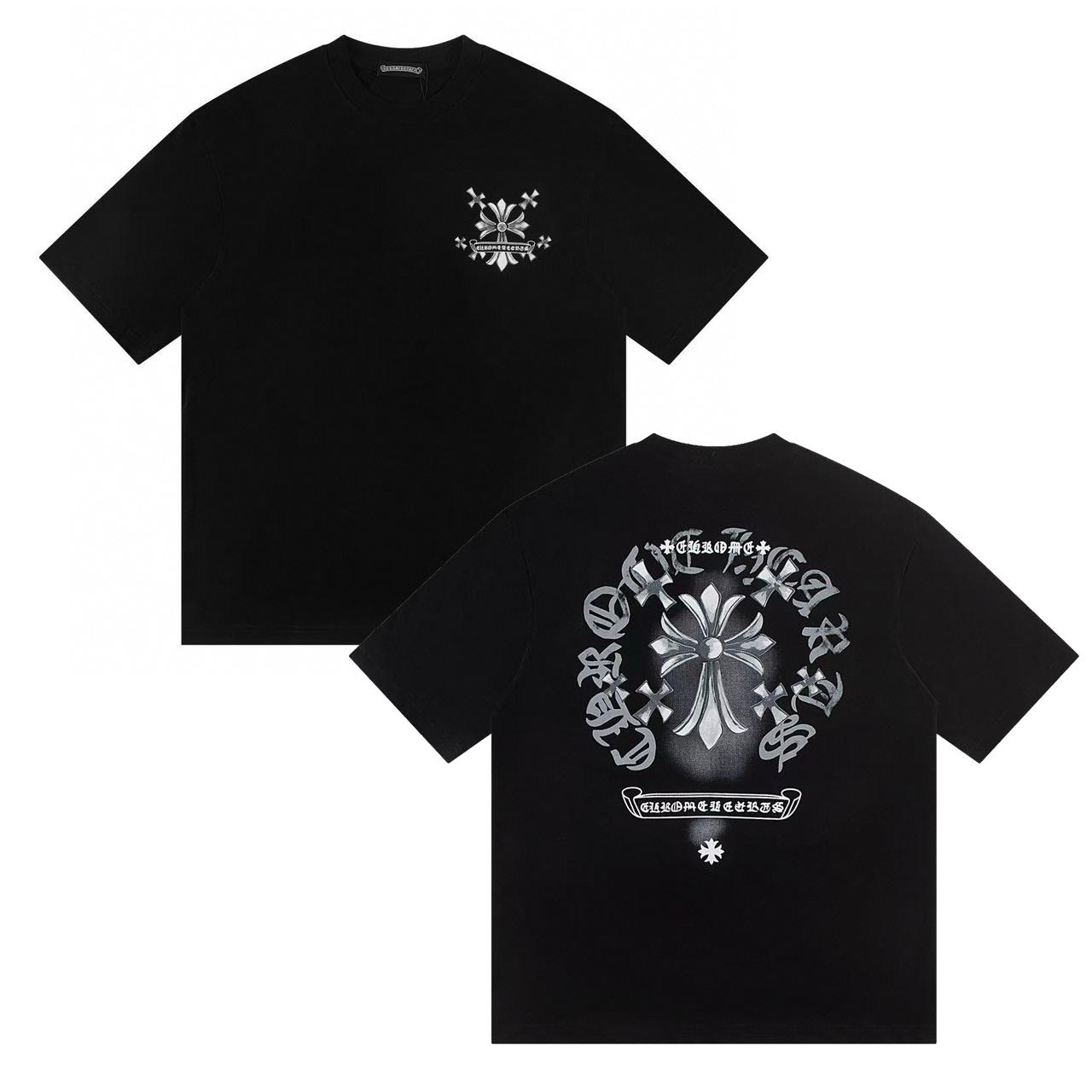 

W370 CHROME HEARTS 2025 літня нова високоякісна бавовняна кругла горловина Вільна чоловіча та жіноча футболка великого розміру Парна футболка M чорний