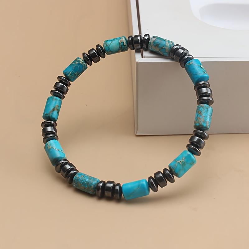 

Браслет у богемному стилі з натурального імператорського каменя та гематиту, нанизаний на еластичну мотузку ручної роботи, унісекс синій