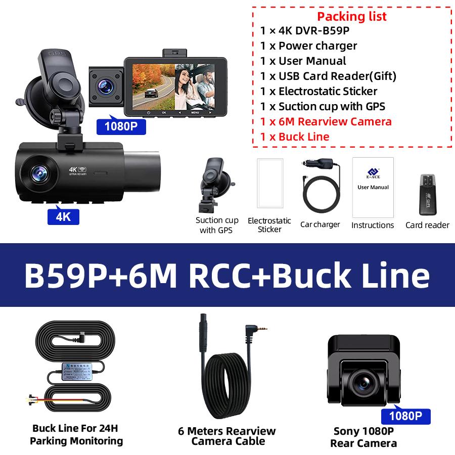

Автомобильный видеорегистратор 4K Видеорегистратор 3 канала Черный ящик для автомобиля Передняя и задняя 4K Видеокамера Поддержка WIFI GPS Циклическая запись Режим парковки With 128GB Card