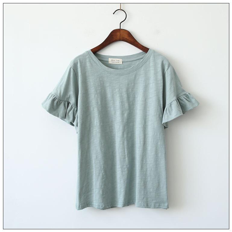 

Женская белая футболка из бамбукового хлопка с оборками на рукавах и круглым вырезом One Size зелёный