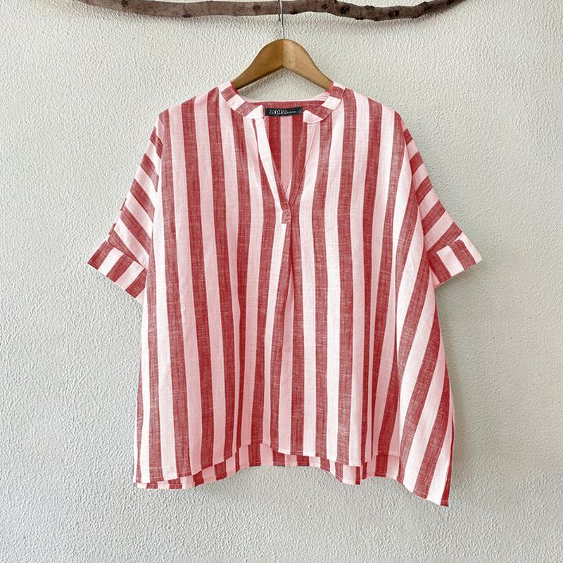 

ZANZEA Женская повседневная летняя блузка в полоску с V-образным вырезом и коротким рукавом S